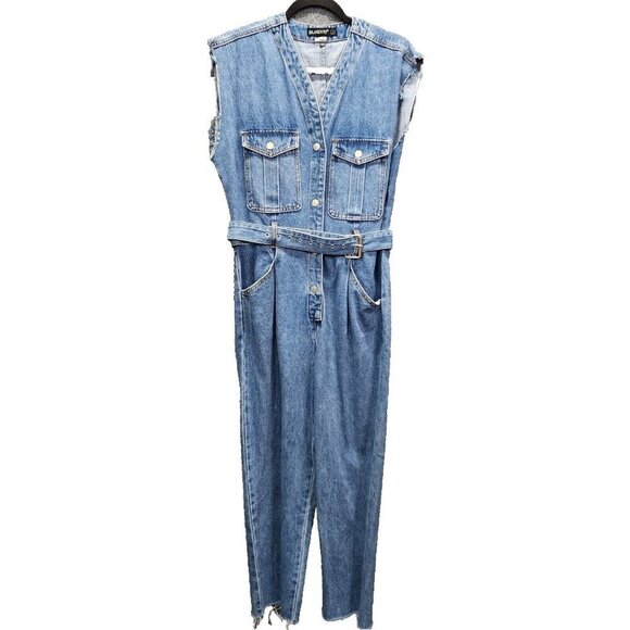 Blank NYC Denim Jumpsuit SMALL Relaxed Fit Belted Cropped Raw Straight Leg - Picture 5 of 16